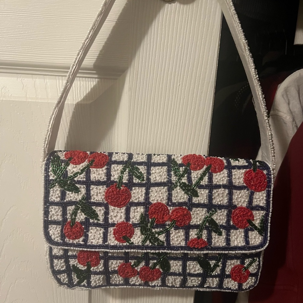 Cherry beaded White and Red Women's Bag